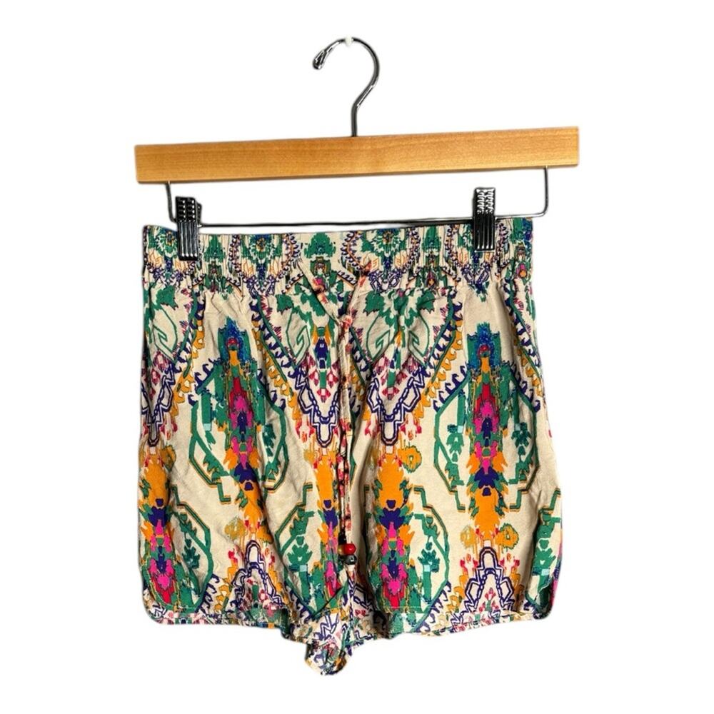 Zara Green and Tan Printed Pull On High Waist Shorts With Drawstring Size Small